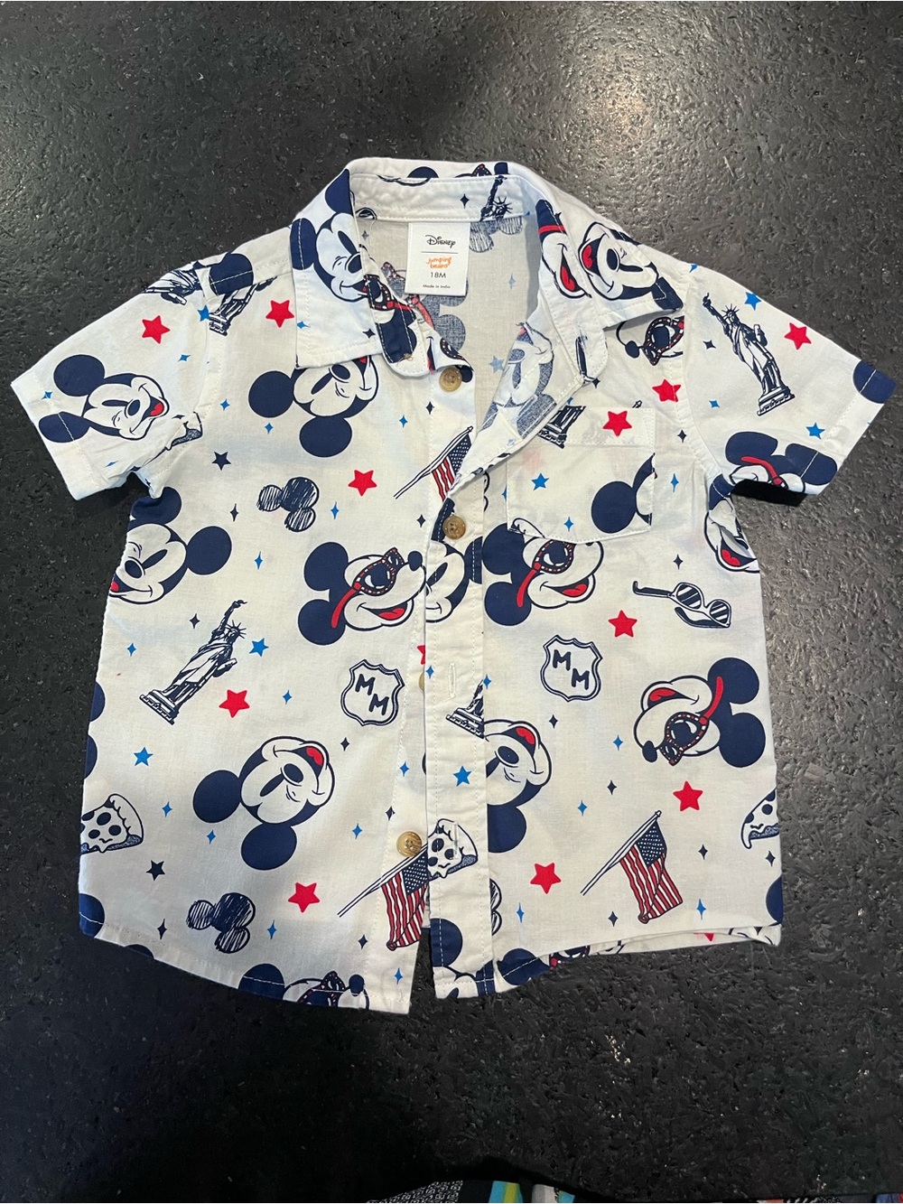 Disney White, Navy & Red Mickey Mouse Short Sleeve Button-Up Shirt for Kids